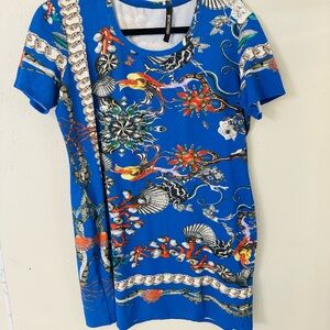 Roberto Cavalli Bright Blue Short Sleeve Printed Mini Dress